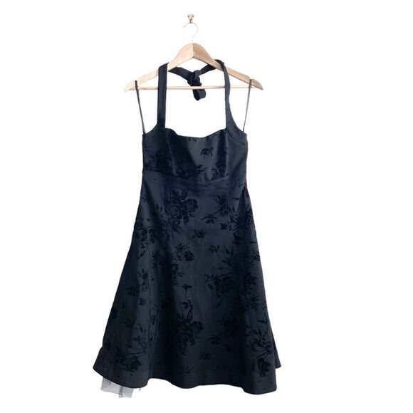 Le Château Halter Party Dress Black Floral Flocking Net Crinoline Women's M - Picture 1 of 11